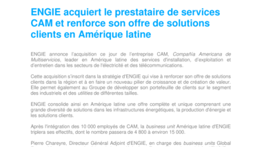 ENGIE acquiert le prestataire de services CAM et renforce son offre de solutions clients en Amérique latine