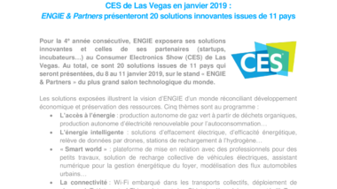 CES de Las Vegas en janvier 2019 - ENGIE & Partners présenteront 20 solutions innovantes issues de 11 pays