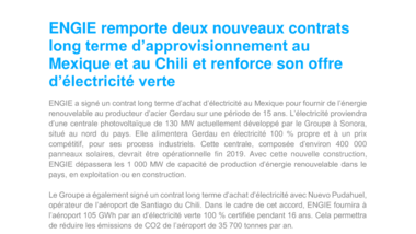 ENGIE remporte deux nouveaux contrats long terme d’approvisionnement au Mexique et au Chili et renforce son offre d’électricité verte