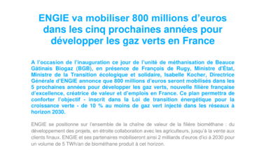 ENGIE va mobiliser 800 millions d’euros dans les cinq prochaines années pour développer les gaz verts en France