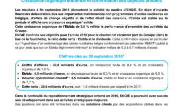 Résultats ENGIE au 30 septembre 2018 Croissance organique soutenue et confirmation des objectifs annuels