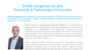 ENGIE réorganise son pôle Recherche & Technologie et Innovation
