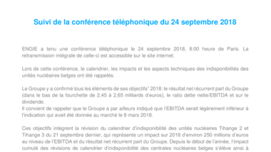 Suivi de la conférence téléphonique du 24 septembre 2018