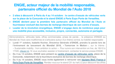 ENGIE, acteur majeur de la mobilité responsable, partenaire officiel du Mondial de l’Auto 2018