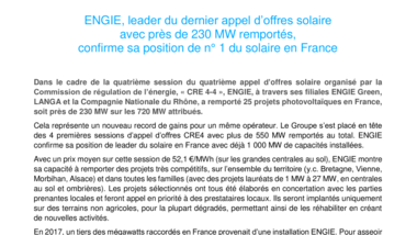 ENGIE, leader du dernier appel d’offres solaire avec près de 230 MW remportés, confirme sa position de n° 1 du solaire en France
