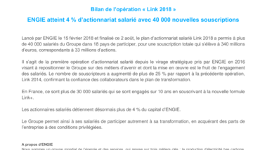 Bilan de l’opération « Link 2018 » ENGIE atteint 4 % d’actionnariat salarié avec 40 000 nouvelles souscriptions