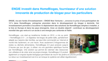 ENGIE investit dans HomeBiogas, fournisseur d’une solution innovante de production de biogaz pour les particuliers