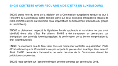 ENGIE conteste avoir reçu une aide d’Etat du Luxembourg