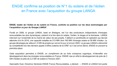 ENGIE confirme sa position de N°1 du solaire et de l’éolien en France avec l’acquisition du groupe LANGA