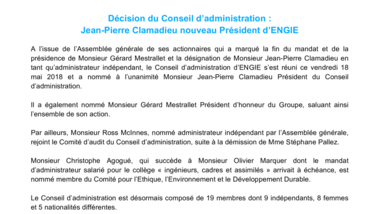 Décision du Conseil d’administration : Jean-Pierre Clamadieu nouveau Président d’ENGIE