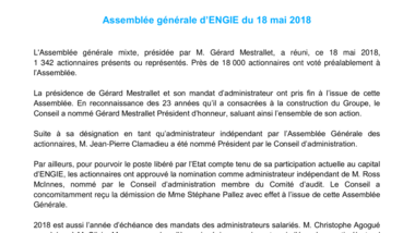 Assemblée générale d’ENGIE du 18 mai 2018