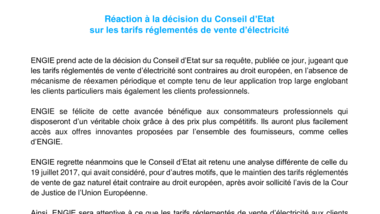 Réaction à la décision du Conseil d’Etat sur les tarifs réglementés de vente d’électricité