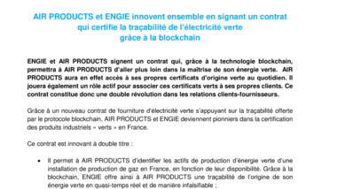 AIR PRODUCTS et ENGIE innovent ensemble en signant un contrat qui certifie la traçabilité de l’électricité verte grâce à la blockchain