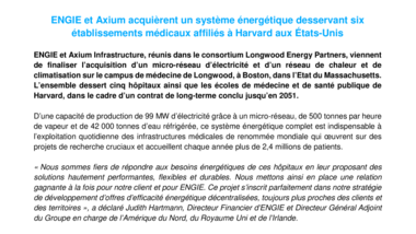ENGIE et Axium acquièrent un système énergétique desservant six établissements médicaux affiliés à Harvard aux États-Unis