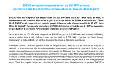 ENGIE remporte un projet éolien de 200 MW en Inde, portant à 1 GW les capacités renouvelables du Groupe dans le pays