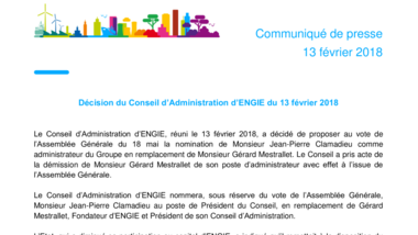 Décision du Conseil d’Administration d’ENGIE du 13 février 2018