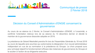 Décision du Conseil d’Administration d’ENGIE concernant la gouvernance