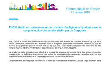 ENGIE établit un nouveau record en matière d'obligations hybrides avec le coupon le plus bas encore jamais atteint par un Corporate