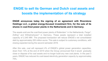 ENGIE to sell its German and Dutch coal assets and boosts the implementation of its strategy