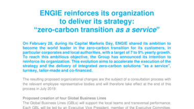 ENGIE reinforces its organization to deliver its strategy  : "zero-carbon transition" as a service