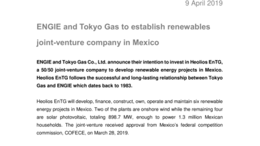 ENGIE and Tokyo Gas to establish renewables joint-venture company in Mexico