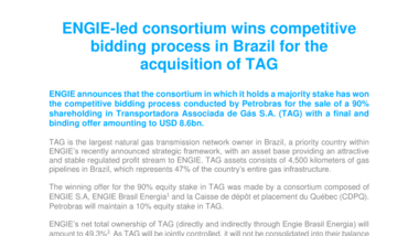 ENGIE-led consortium wins competitive bidding process in Brazil for the acquisition of TAG