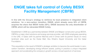 ENGIE takes full control of Cofely BESIX Facility Management (CBFM)