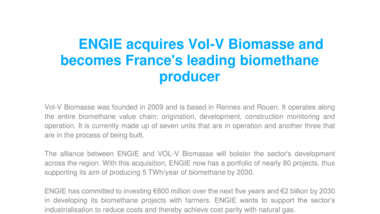 ENGIE acquires Vol-V Biomasse and becomes France's leading biomethane producer