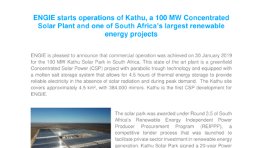 ENGIE starts operations of Kathu, a 100 MW Concentrated Solar Plant and one of South Africa’s largest renewable energy projects