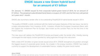 ENGIE issues a new Green hybrid bond for an amount of €1 billion