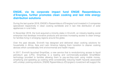 ENGIE, via its corporate impact fund ENGIE Rassembleurs d’Energies, further promotes clean cooking and last mile energy distribution solutions
