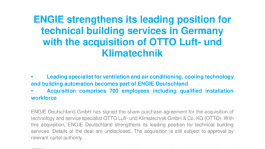 ENGIE strengthens its leading position for technical building services in Germany with the acquisition of OTTO Luft- und Klimatechnik