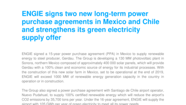 ENGIE signs two new long-term power purchase agreements in Mexico and Chile and strengthens its green electricity supply offer
