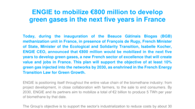 ENGIE to mobilize €800 million to develop green gases in the next five years in France