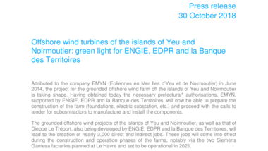 Offshore wind turbines of the islands of Yeu and Noirmoutier : green light for ENGIE, EDPR and la Banque des Territoires