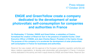 ENGIE and GreenYellow create a company dedicated to the development of solar photovoltaic self-consumption for companies and authorities in France