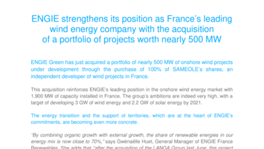 ENGIE strengthens its position as France’s leading wind energy company with the acquisition of a portfolio of projects worth nearly 500 MW