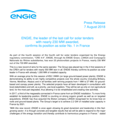 ENGIE, the leader of the last call for solar tenders with nearly 230 MW awarded, confirms its position as solar No. 1 in France