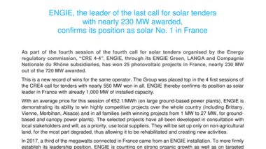 ENGIE, the leader of the last call for solar tenders with nearly 230 MW awarded, confirms its position as solar No. 1 in France