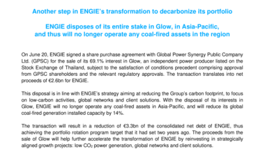 ENGIE disposes of its entire stake in Glow, in Asia-Pacific, and thus will no longer operate any coal-fired assets in the region