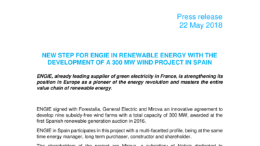New step for ENGIE in renewable energy with the development of a 300 MW wind project in Spain