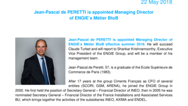 Jean-Pascal de PERETTI is appointed Managing Director of ENGIE’s Métier BtoB