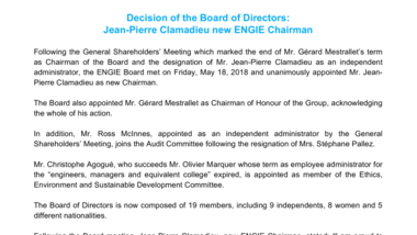 Decision of the Board of Directors - Jean-Pierre Clamadieu new ENGIE Chairman