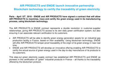 AIR PRODUCTS and ENGIE launch innovative partnership Blockchain technology to certify the traceability of green electricity
