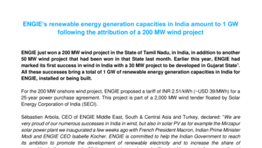 ENGIE’s renewable energy generation capacities in India amount to 1 GW following the attribution of a 200 MW wind project