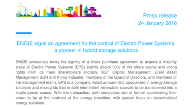 ENGIE signs an agreement for the control of Electro Power Systems, a pioneer in hybrid storage solutions