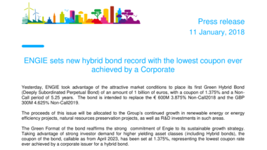 ENGIE sets new hybrid bond record with the lowest coupon ever achieved by a Corporate