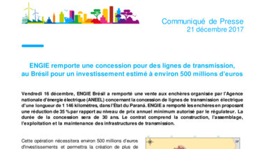 ENGIE remporte une concession pour des lignes de transmission, au Brésil pour un investissement estimé à environ 500 millions d’euros