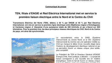 TEN, filiale d’ENGIE et Red Eléctrica International met en service la première liaison électrique entre le Nord et le Centre du Chili