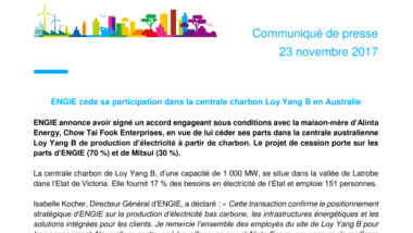 ENGIE cède sa participation dans la centrale charbon Loy Yang B en Australie